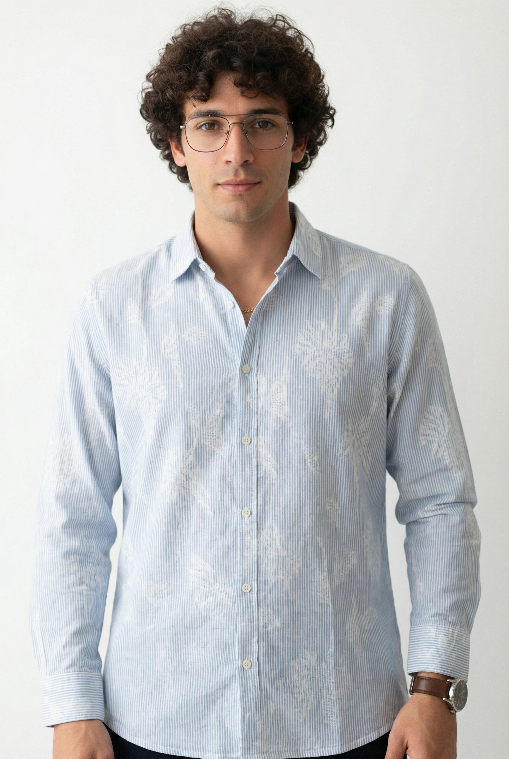 Men's Blue Floral Print Spread Collar Full Sleeves Cotton Shirt