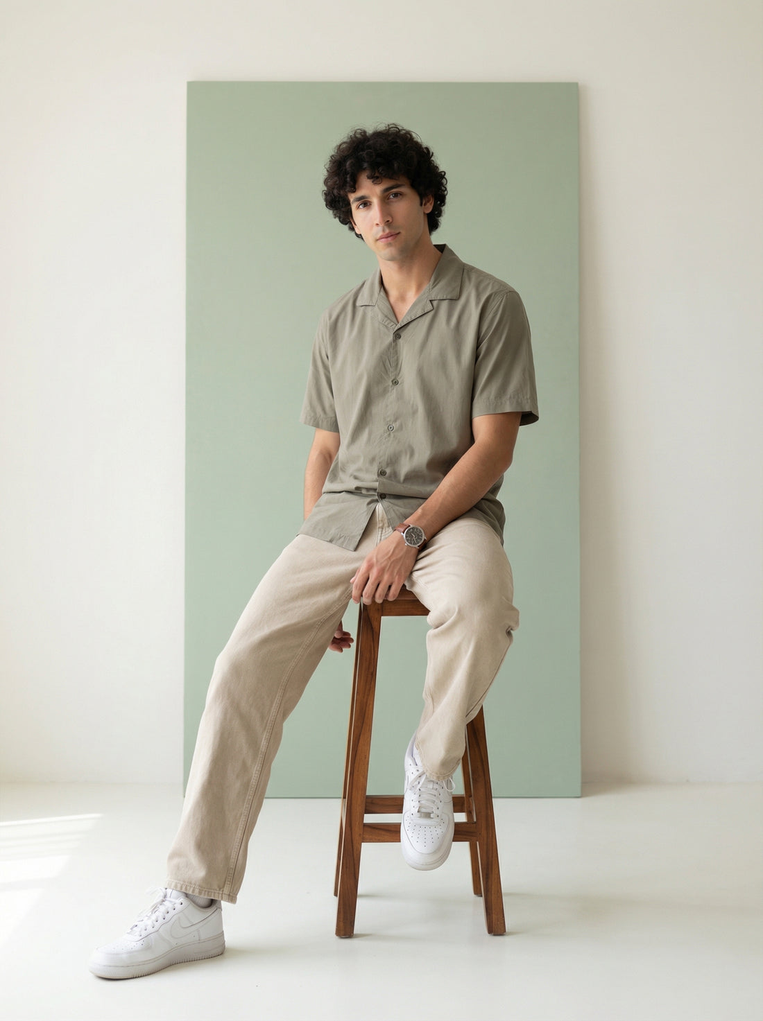 Men's Olive Cuban Collar Solid Short Sleeve Pure Cotton Shirt