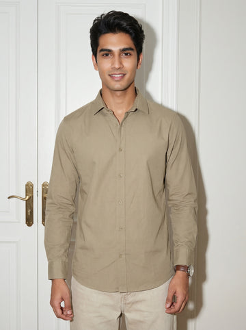 Men's Brown Solid Band Collar With Full Sleeves Regular Fit Pure Cotton Shirt
