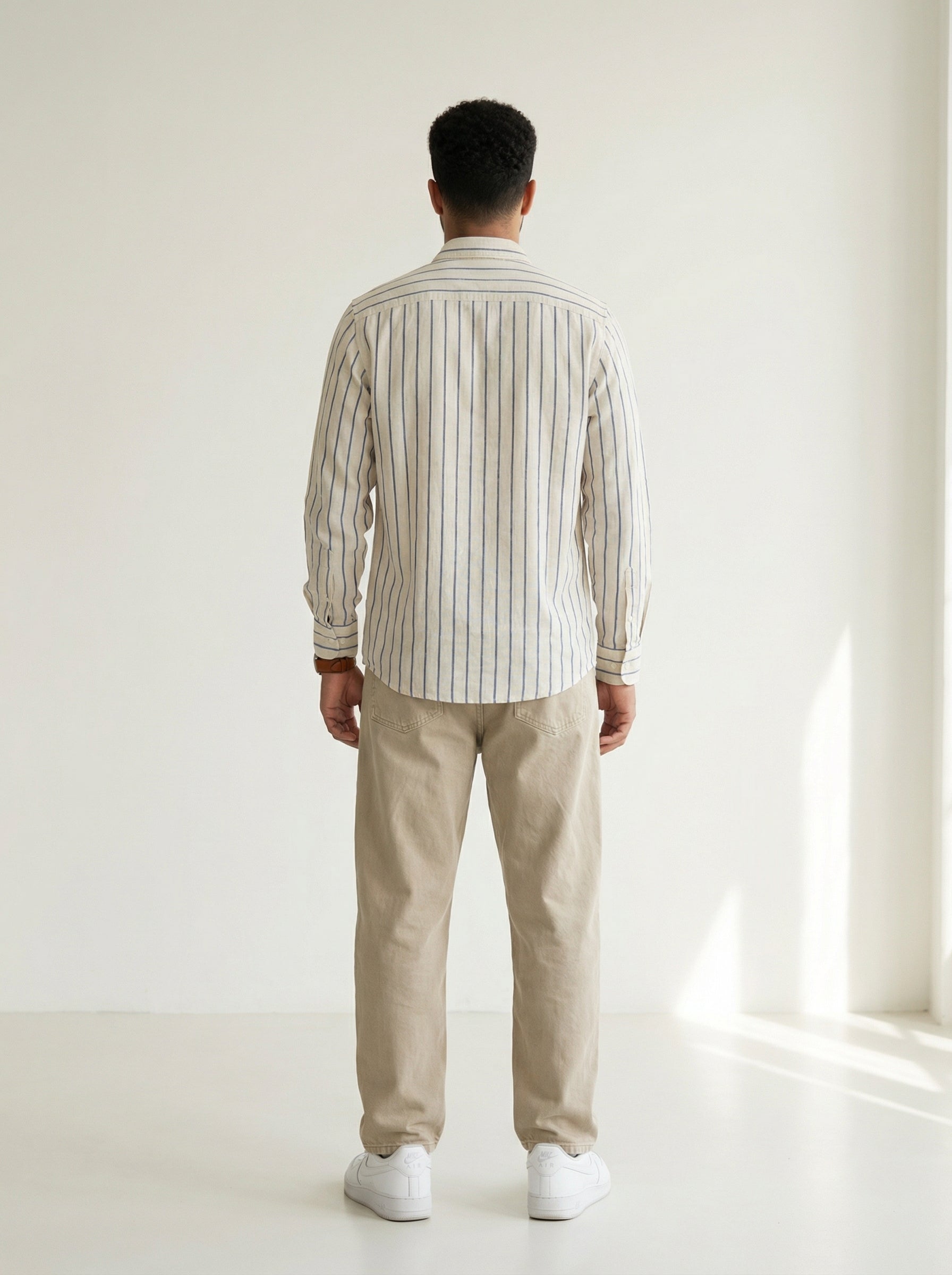 Men's Blue Band Collar With Full Sleeves Vertical Stripes Pure Cotton Shirt