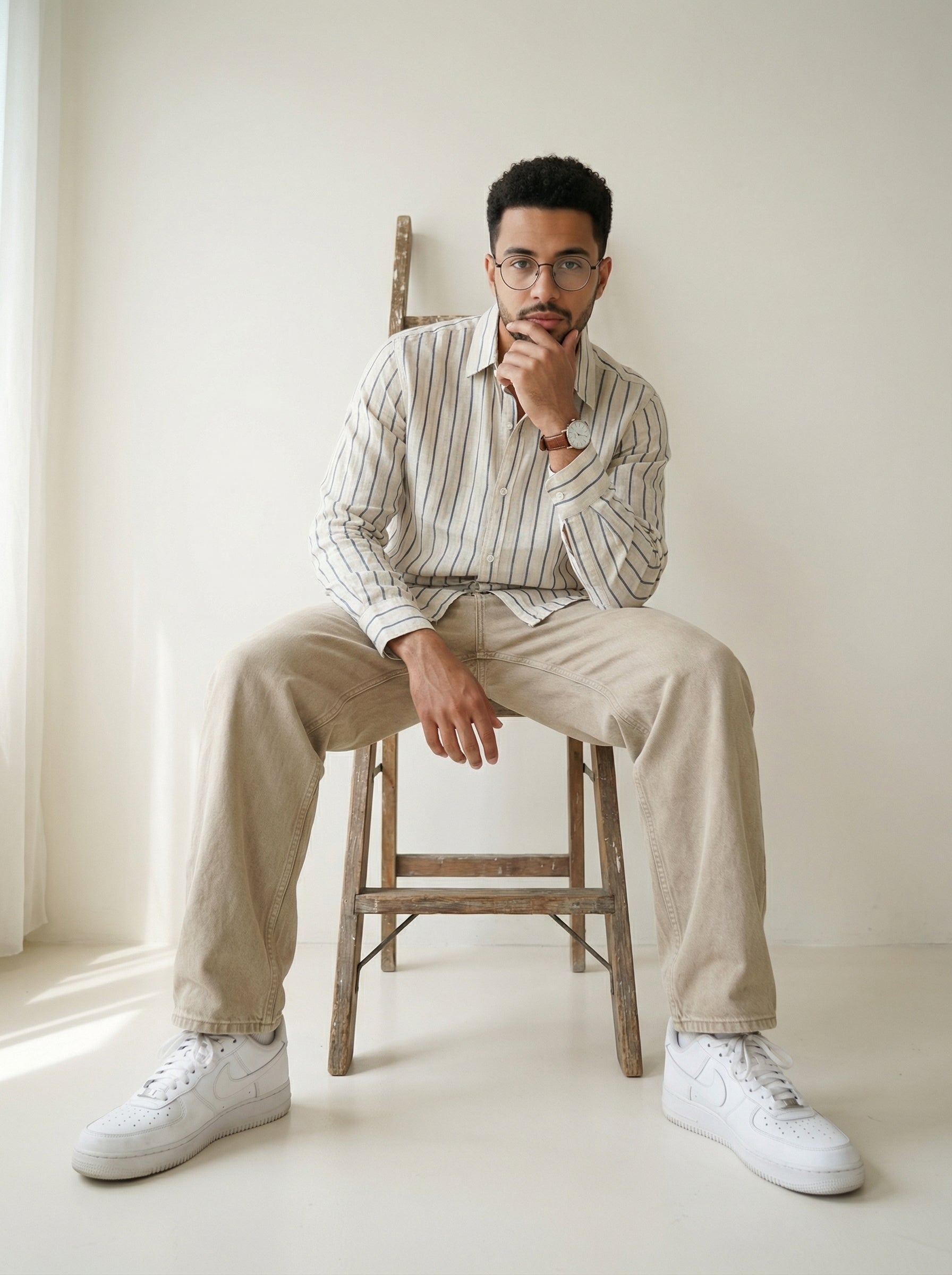 Men's Blue Band Collar With Full Sleeves Vertical Stripes Pure Cotton Shirt