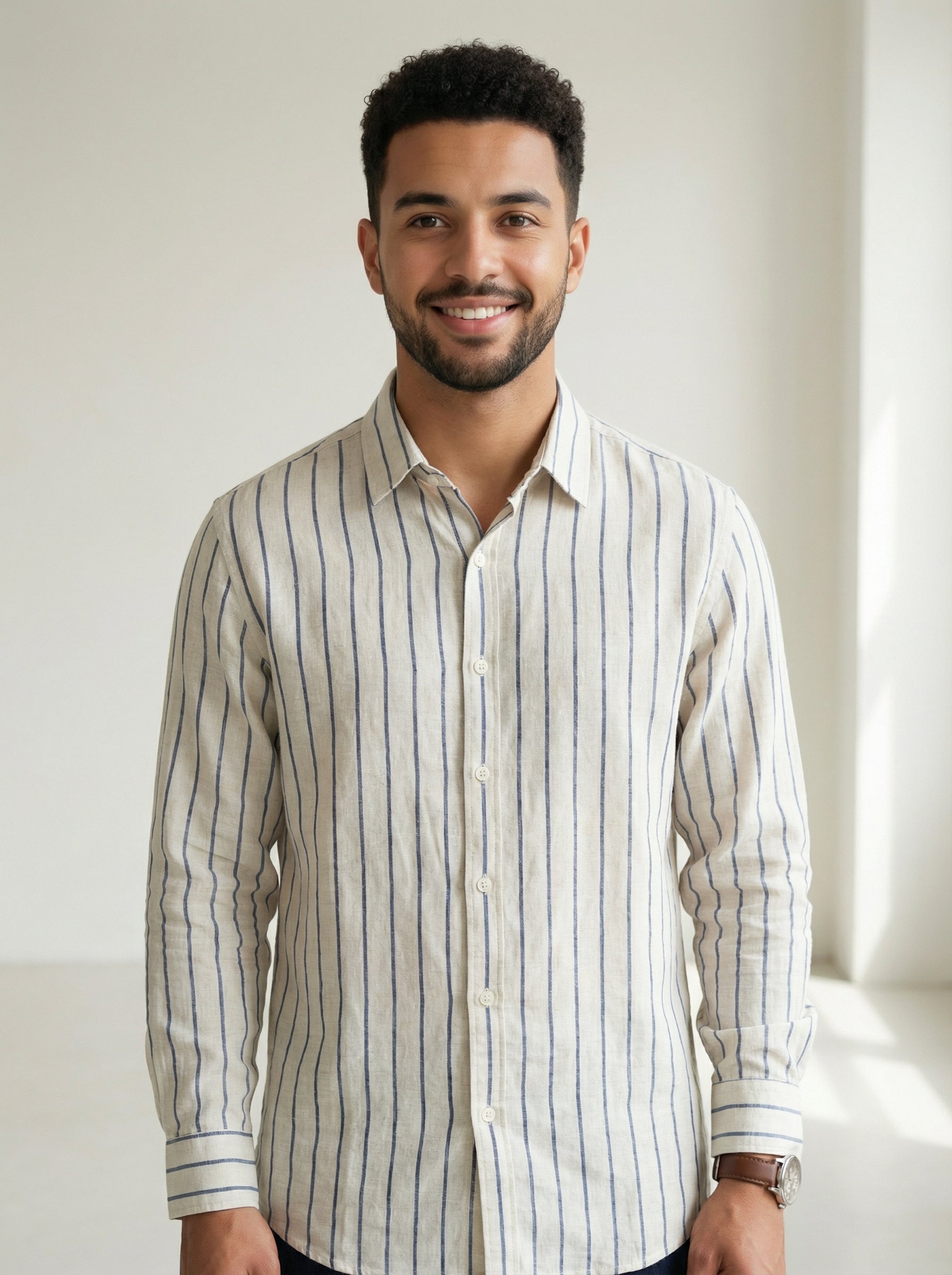 Men's Blue Band Collar With Full Sleeves Vertical Stripes Pure Cotton Shirt