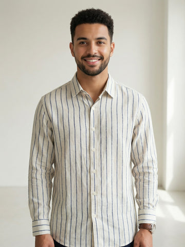 Men's Blue Band Collar With Full Sleeves Vertical Stripes Pure Cotton Shirt