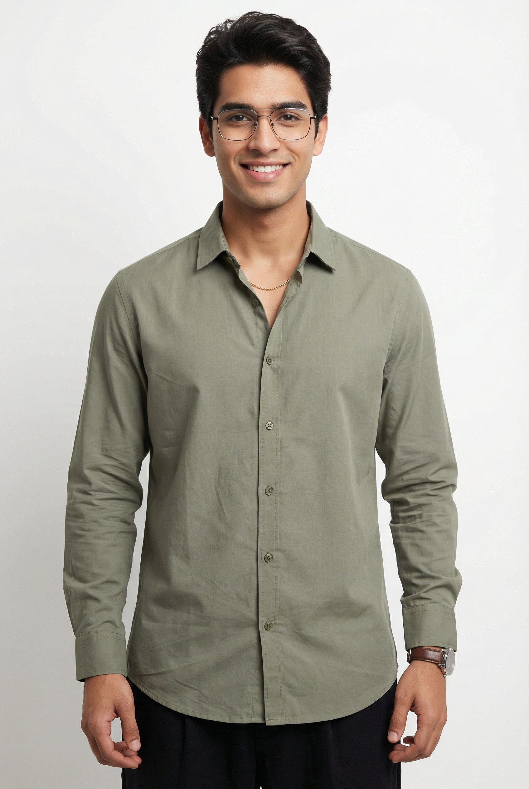 Men's Olive Band Collar With Full Sleeves Solid Pure Cotton Shirt