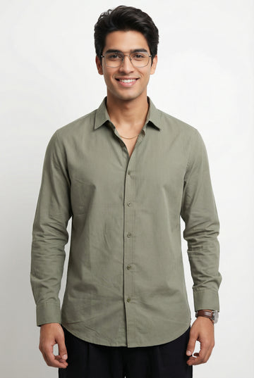 Men's Olive Band Collar With Full Sleeves Solid Pure Cotton Shirt