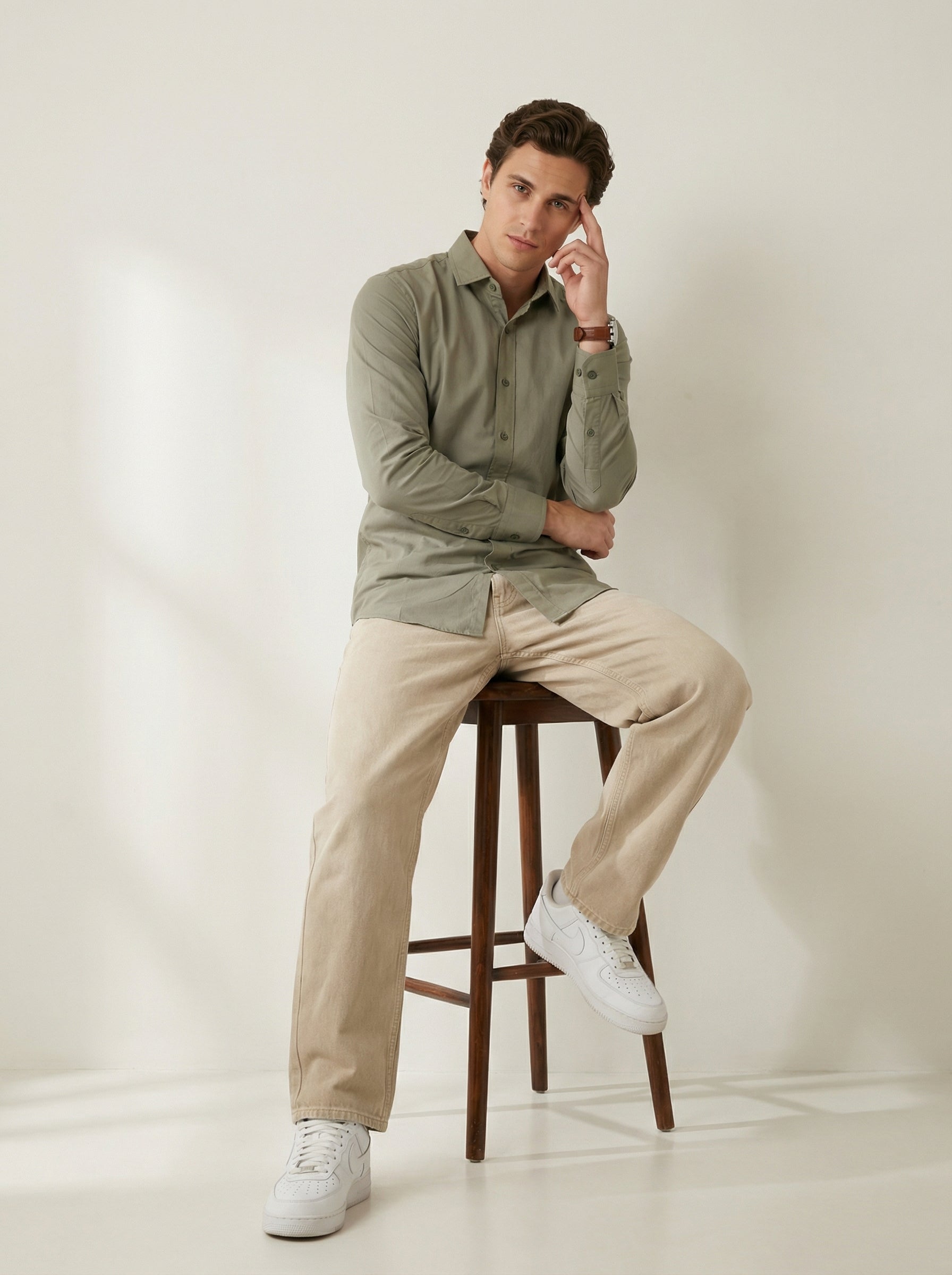 Men's Olive Band Collar With Full Sleeves Solid Pure Cotton Shirt