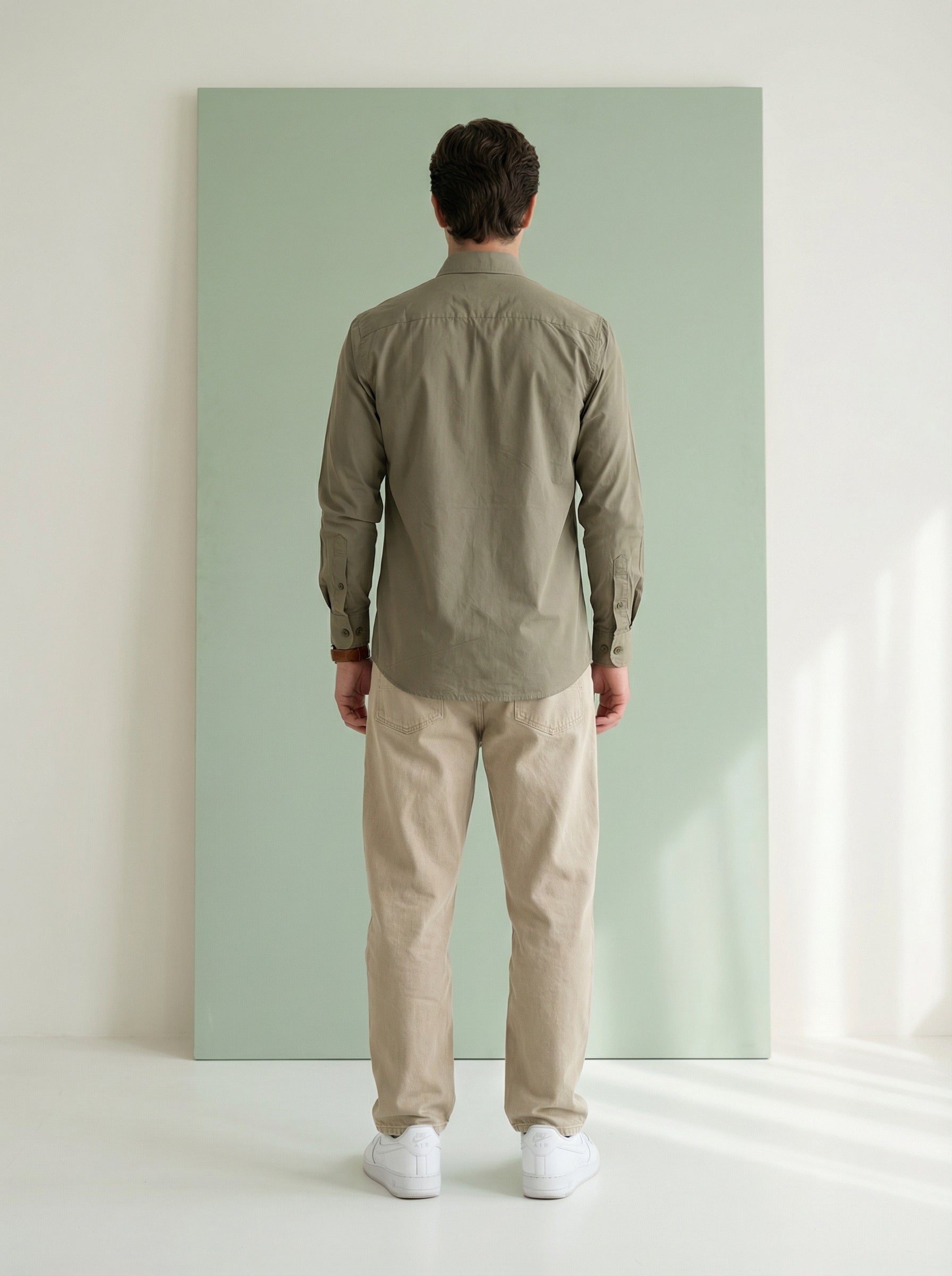Men's Olive Band Collar With Full Sleeves Solid Pure Cotton Shirt