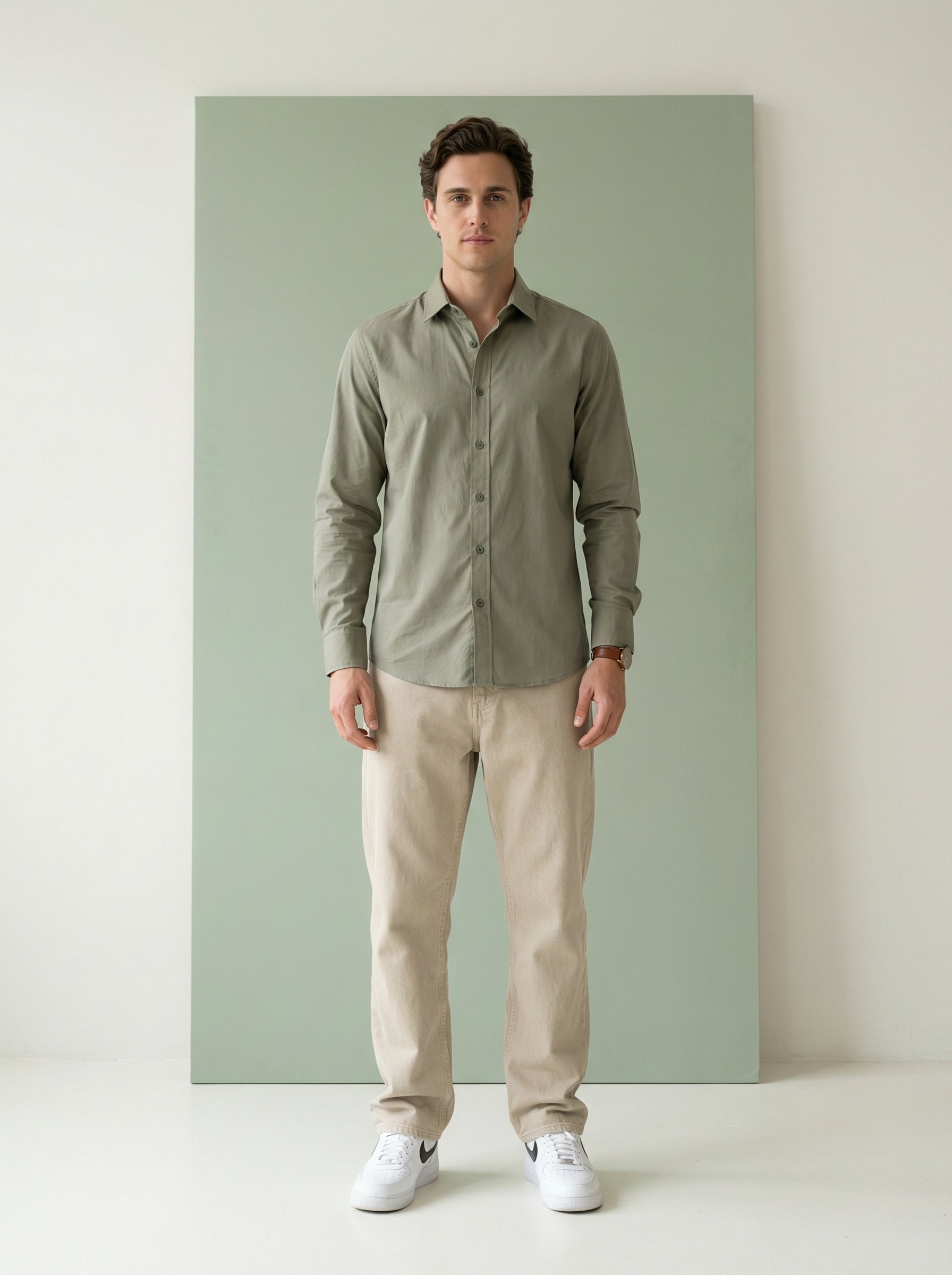Men's Olive Band Collar With Full Sleeves Solid Pure Cotton Shirt