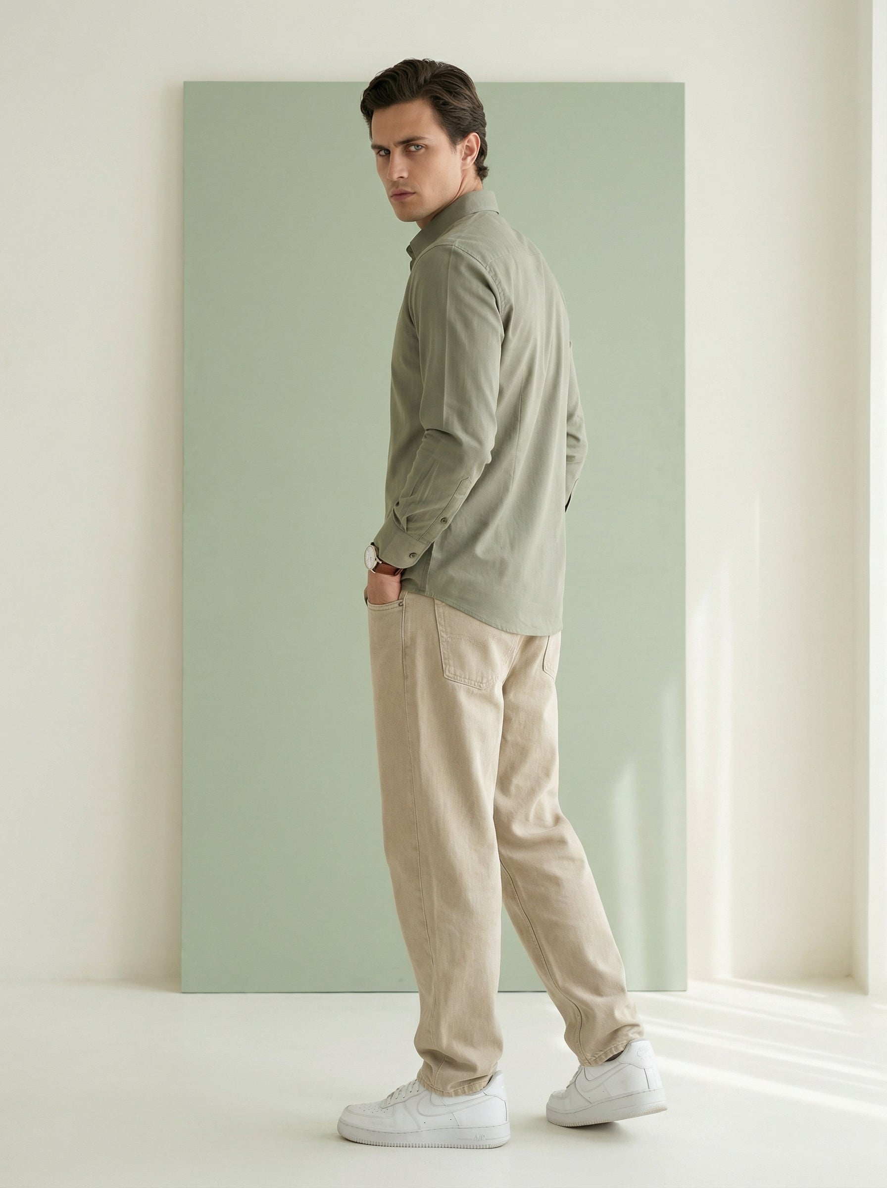 Men's Olive Band Collar With Full Sleeves Solid Pure Cotton Shirt