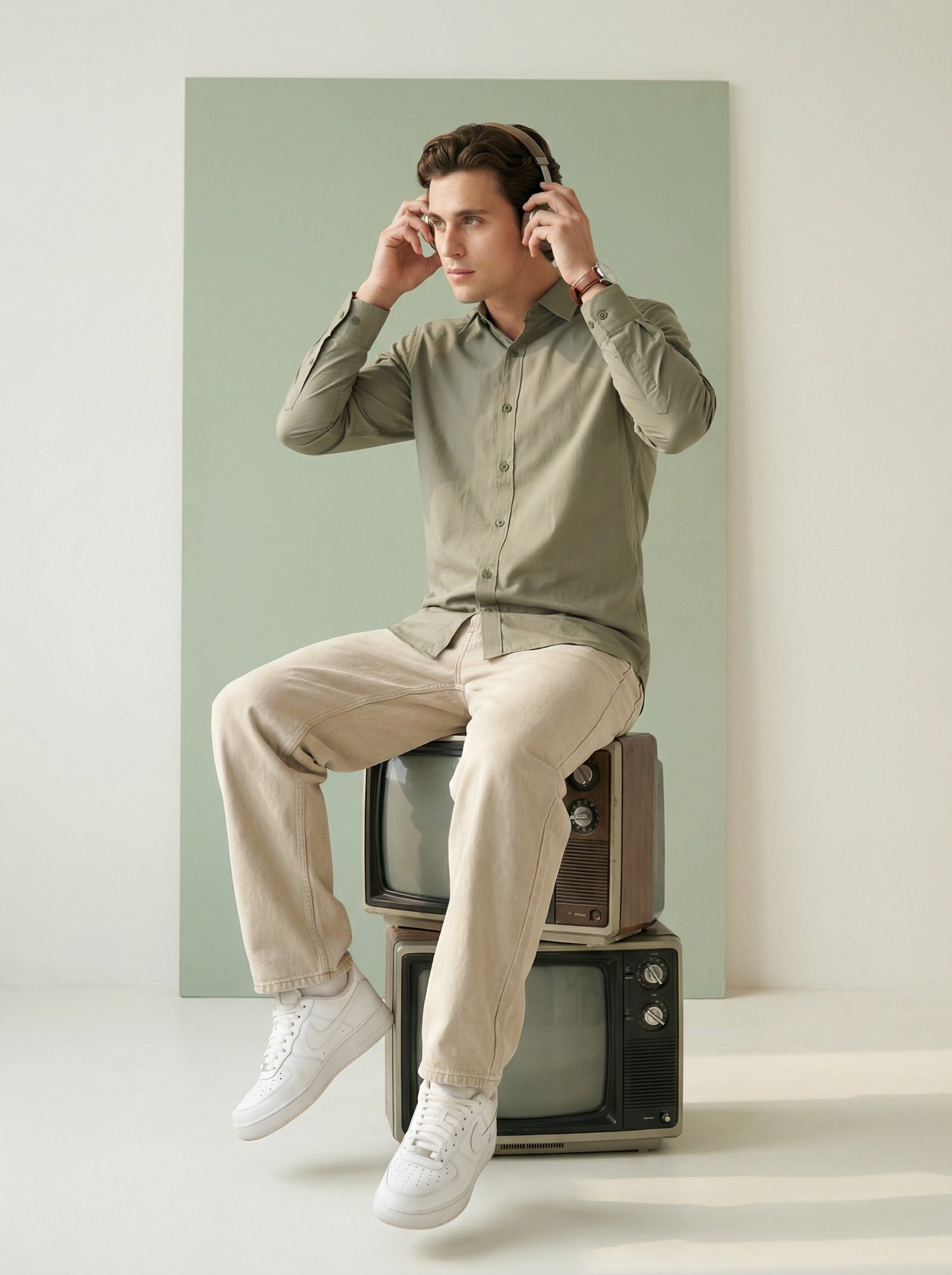 Men's Olive Band Collar With Full Sleeves Solid Pure Cotton Shirt