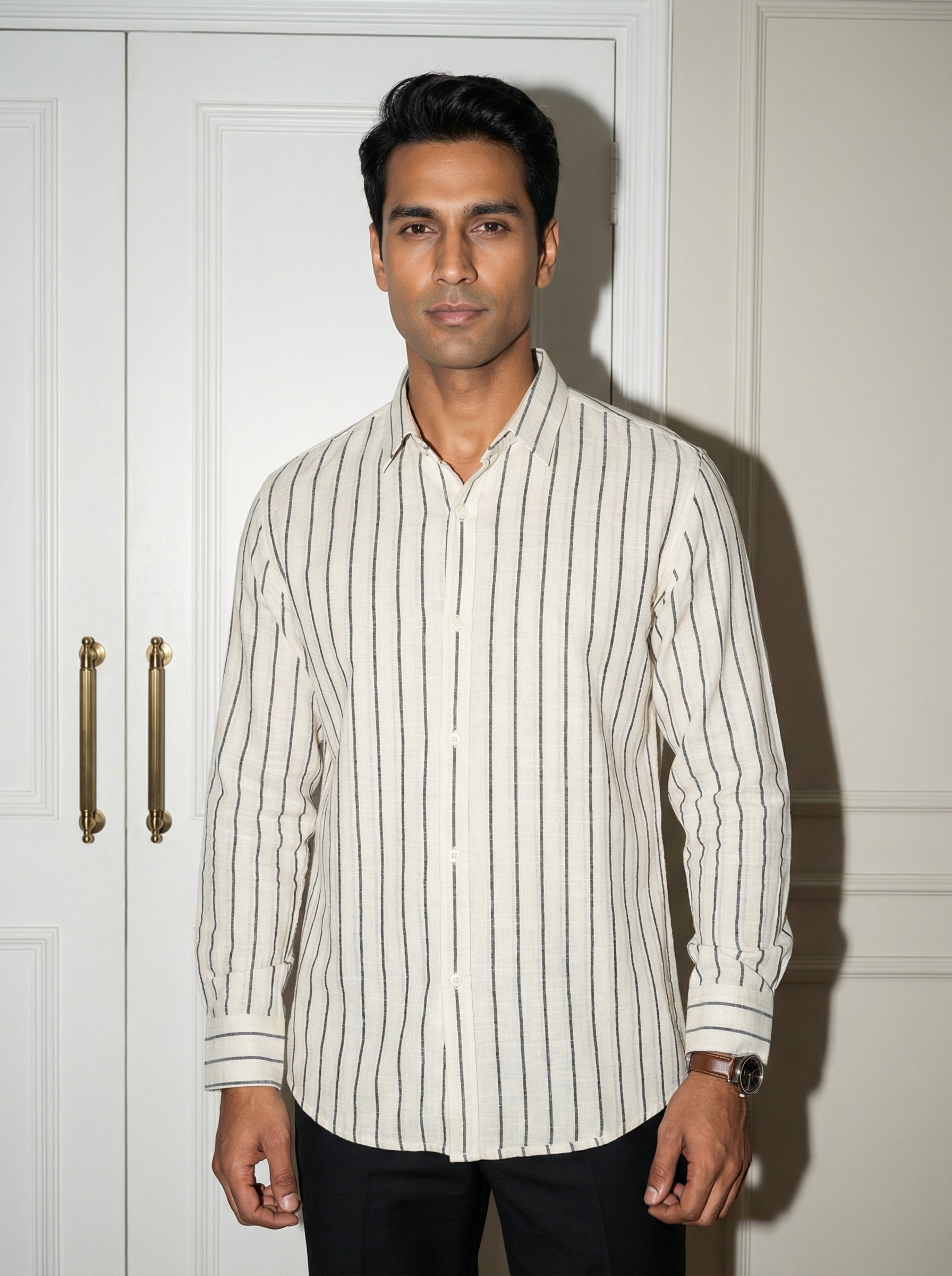 Men's Black Band Collar With Full Sleeves Vertical Stripes Regular Fit Pure Cotton Shirt