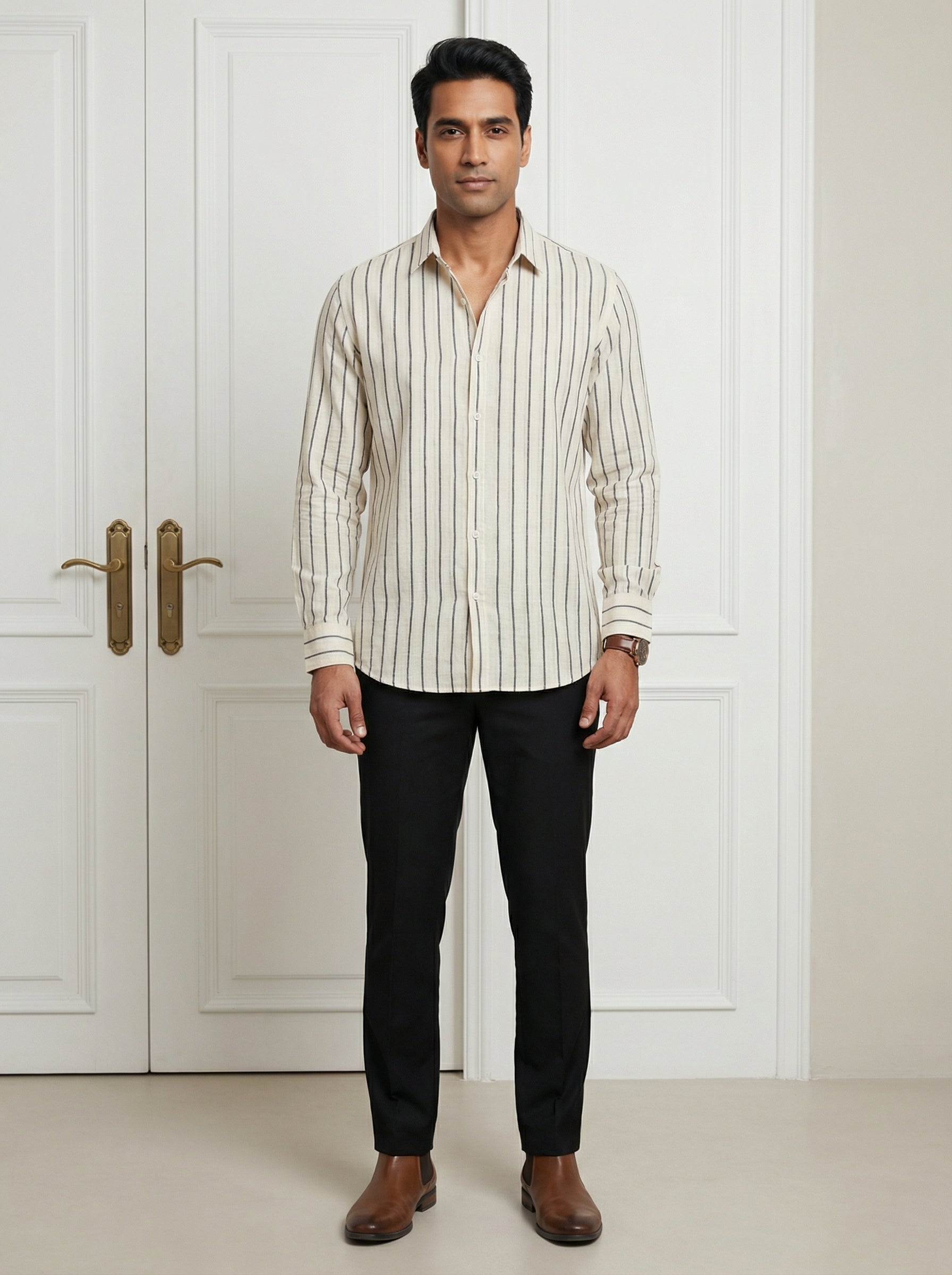 Men's Black Band Collar With Full Sleeves Vertical Stripes Regular Fit Pure Cotton Shirt