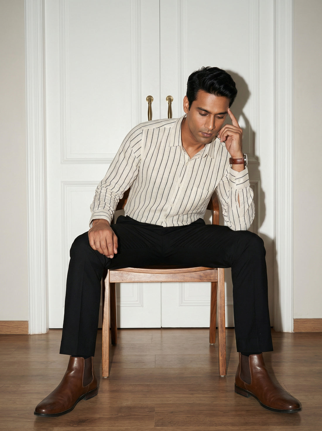 Men's Black Band Collar With Full Sleeves Vertical Stripes Regular Fit Pure Cotton Shirt