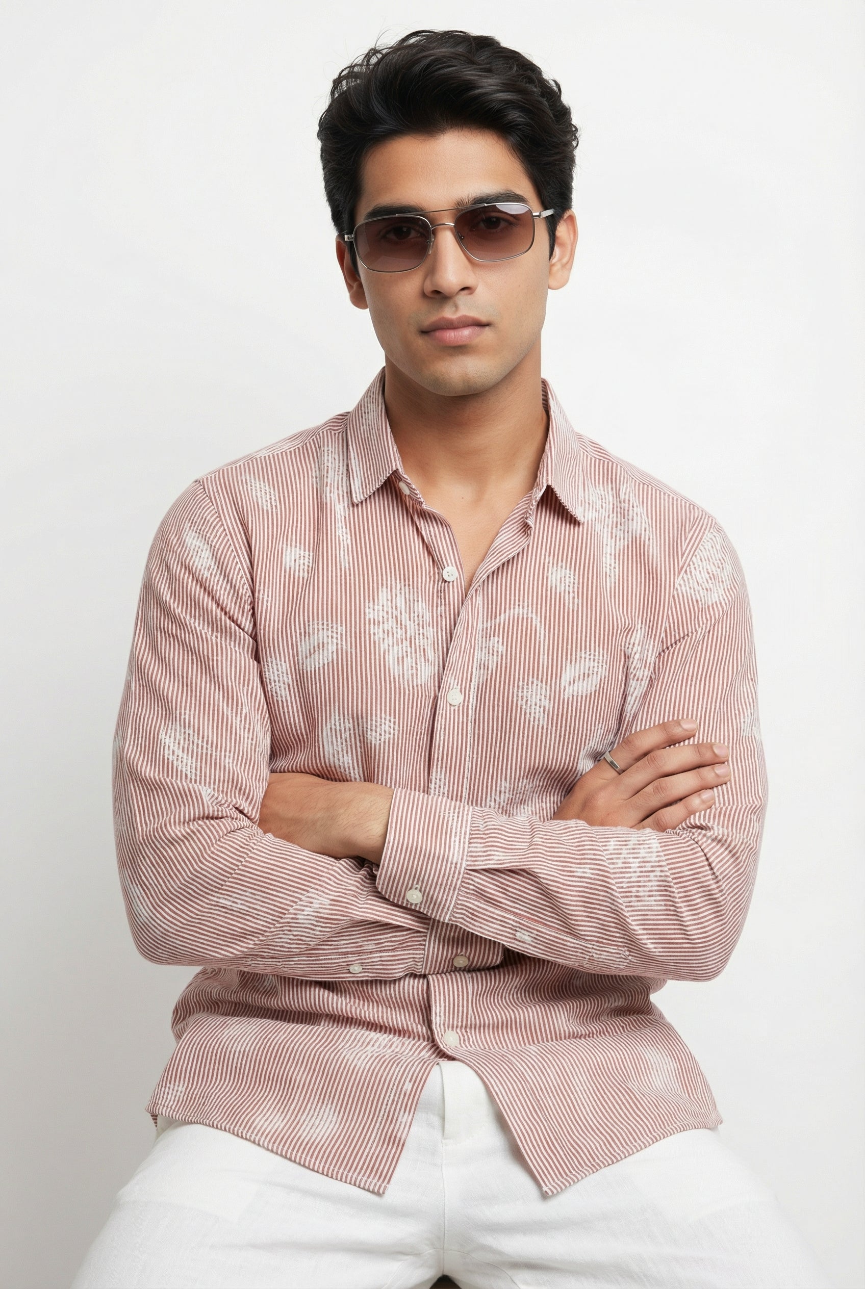 Men's Rust Floral Print Spread Collar Regular Fit Pure Cotton Shirt