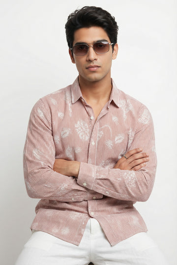 Men's Rust Floral Print Spread Collar Regular Fit Pure Cotton Shirt