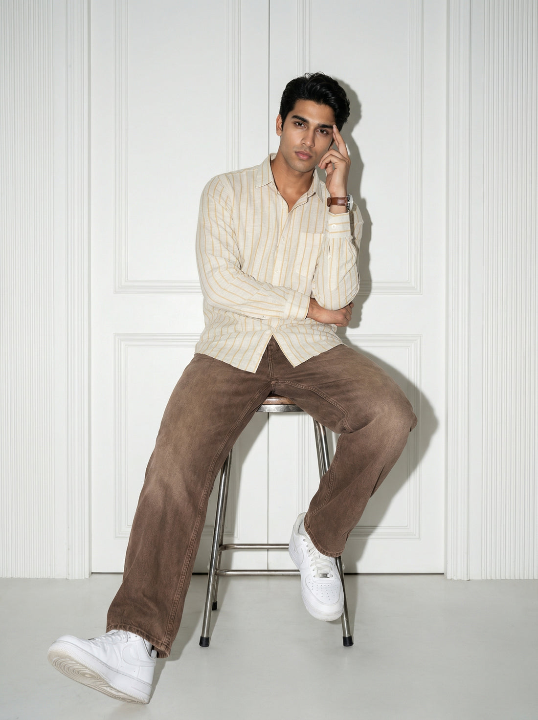 Men's Yellow Band Collar With Full Sleeves Vertical Stripes Regular Fit Pure Cotton Shirt