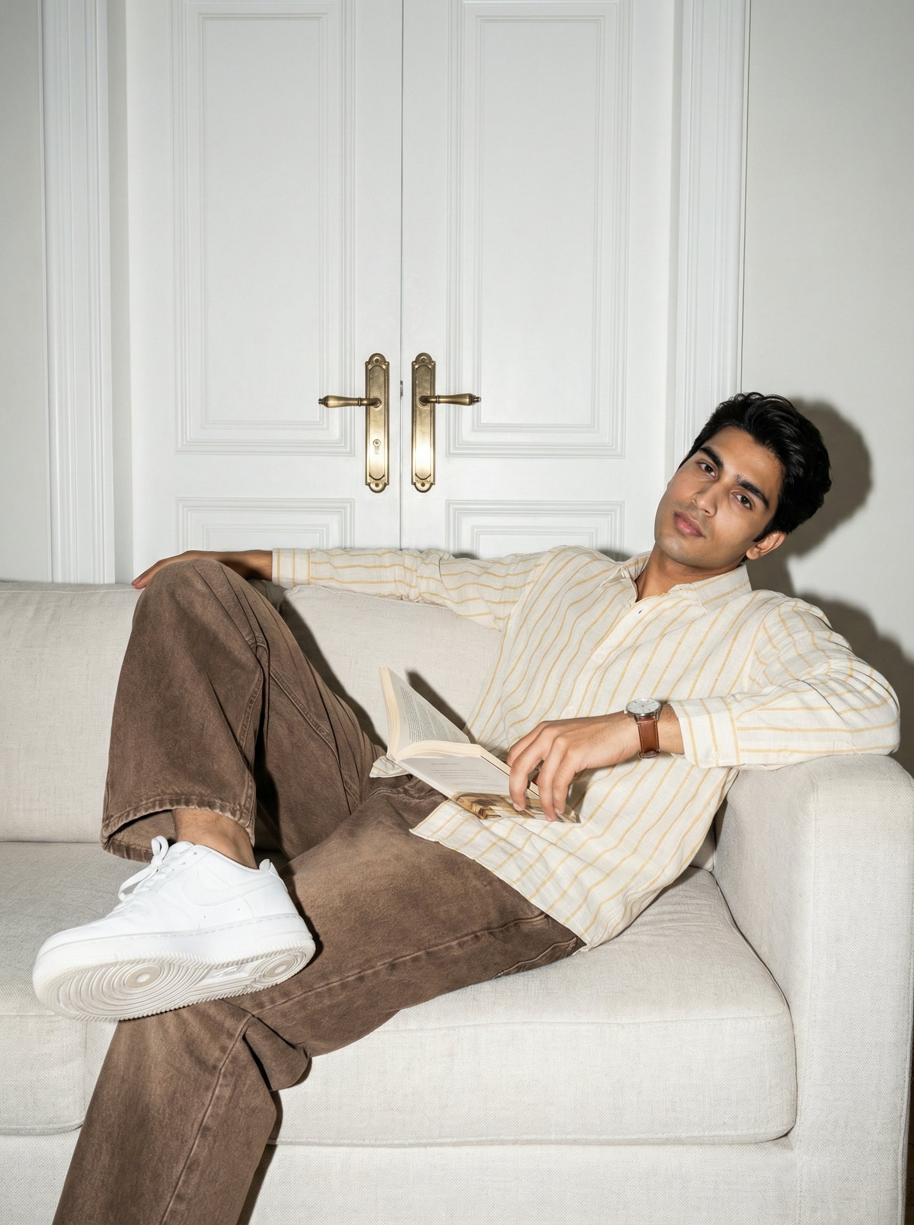 Men's Yellow Band Collar With Full Sleeves Vertical Stripes Regular Fit Pure Cotton Shirt