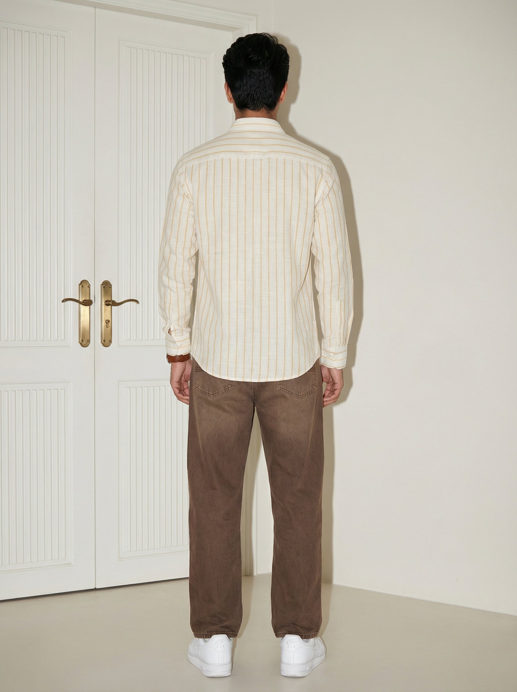 Men's Yellow Band Collar With Full Sleeves Vertical Stripes Regular Fit Pure Cotton Shirt