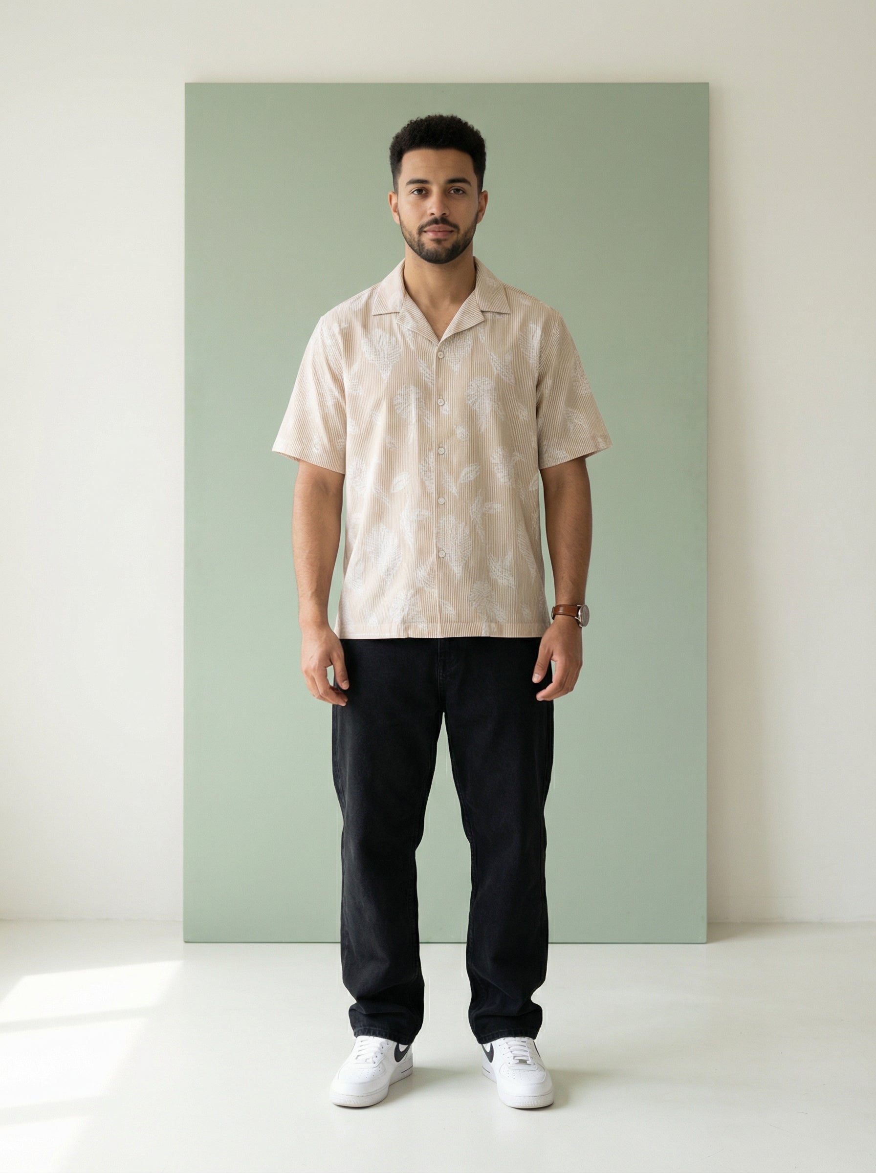 Men's Brown Cuban Collar Floral Print Half Sleeves Pure Cotton Shirt