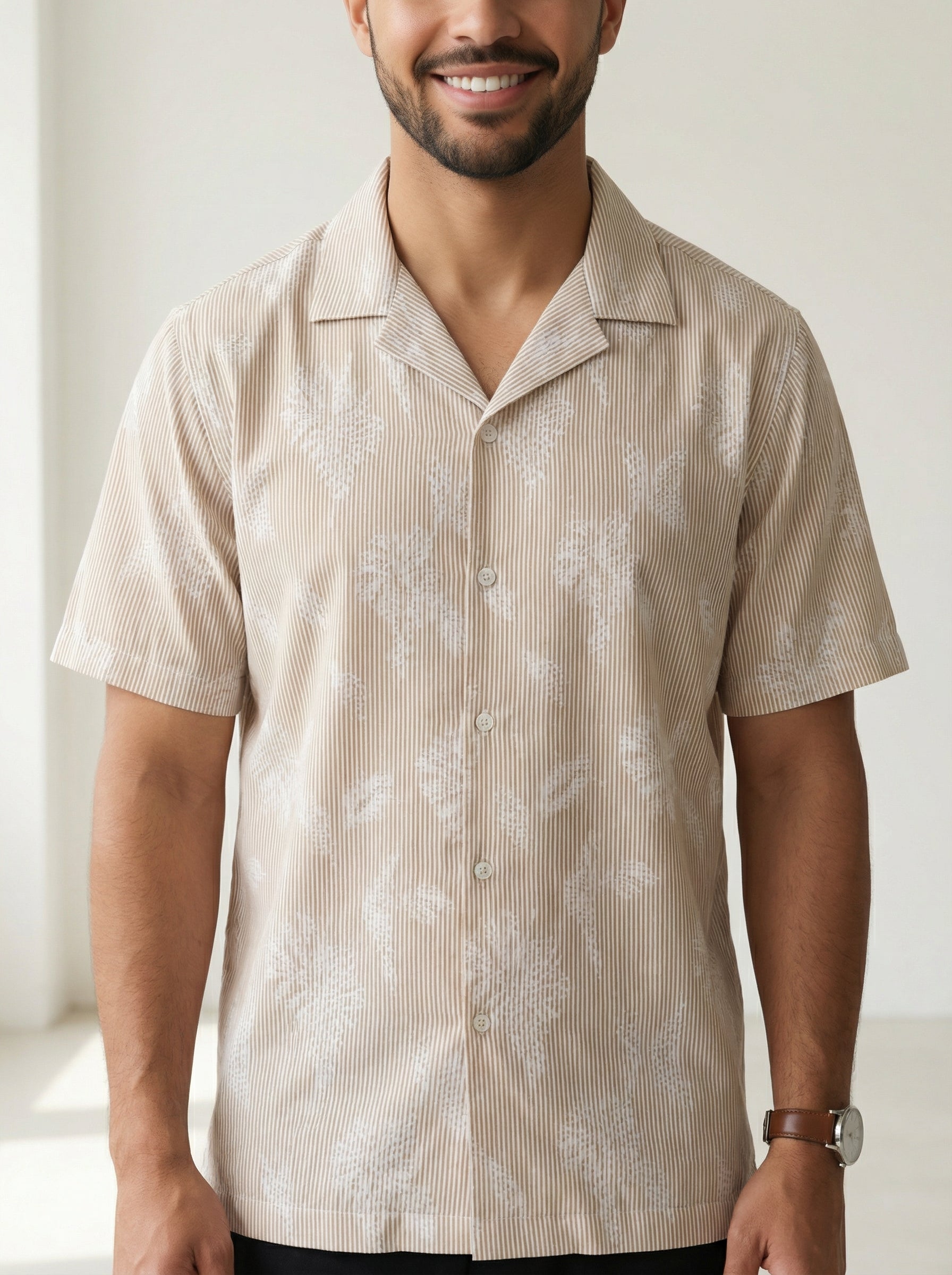 Men's Brown Cuban Collar Floral Print Half Sleeves Pure Cotton Shirt