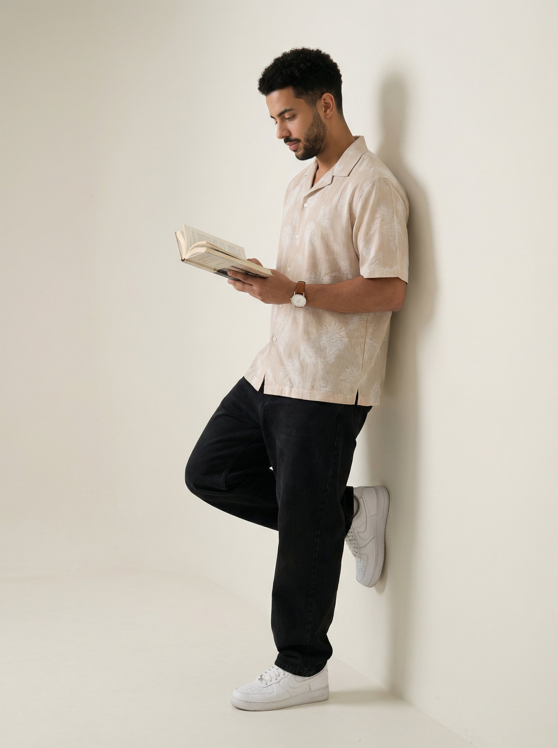 Men's Brown Cuban Collar Floral Print Half Sleeves Pure Cotton Shirt