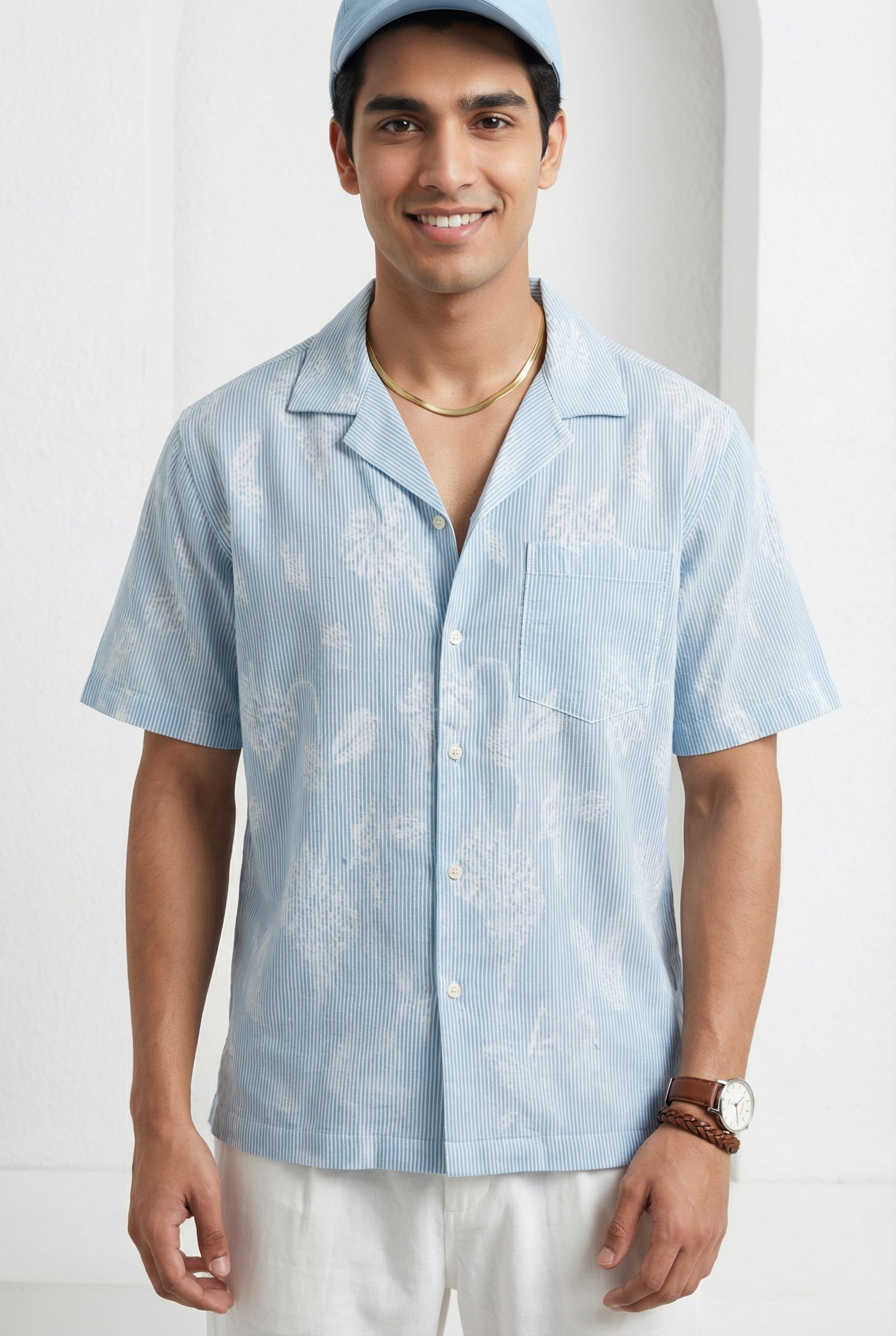 Men's Blue Vertical Stripes Cuban Collar With Half Sleeves Pure Cotton Shirt