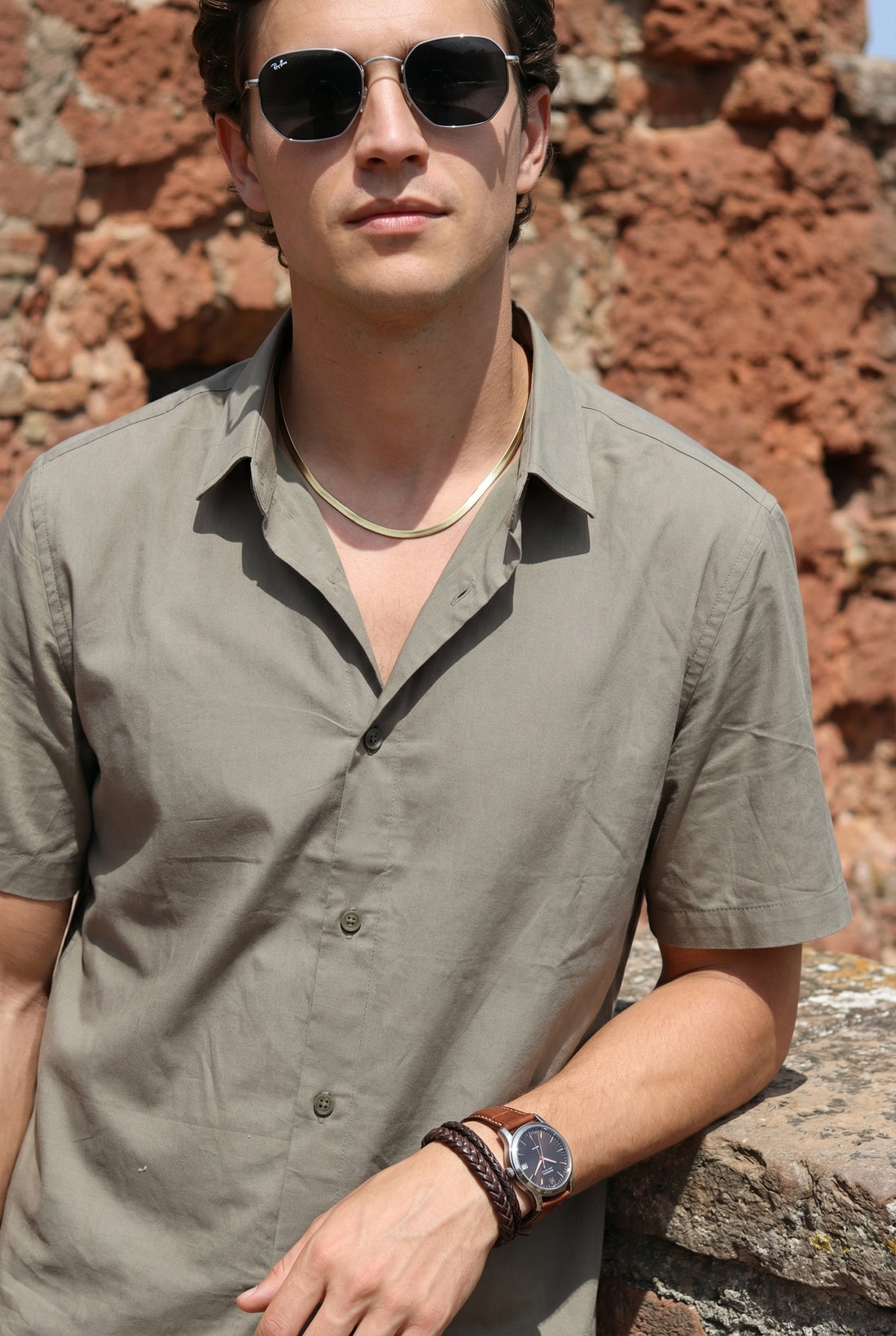 Men's Olive Band Collar With Short Sleeve Cotton Shirt