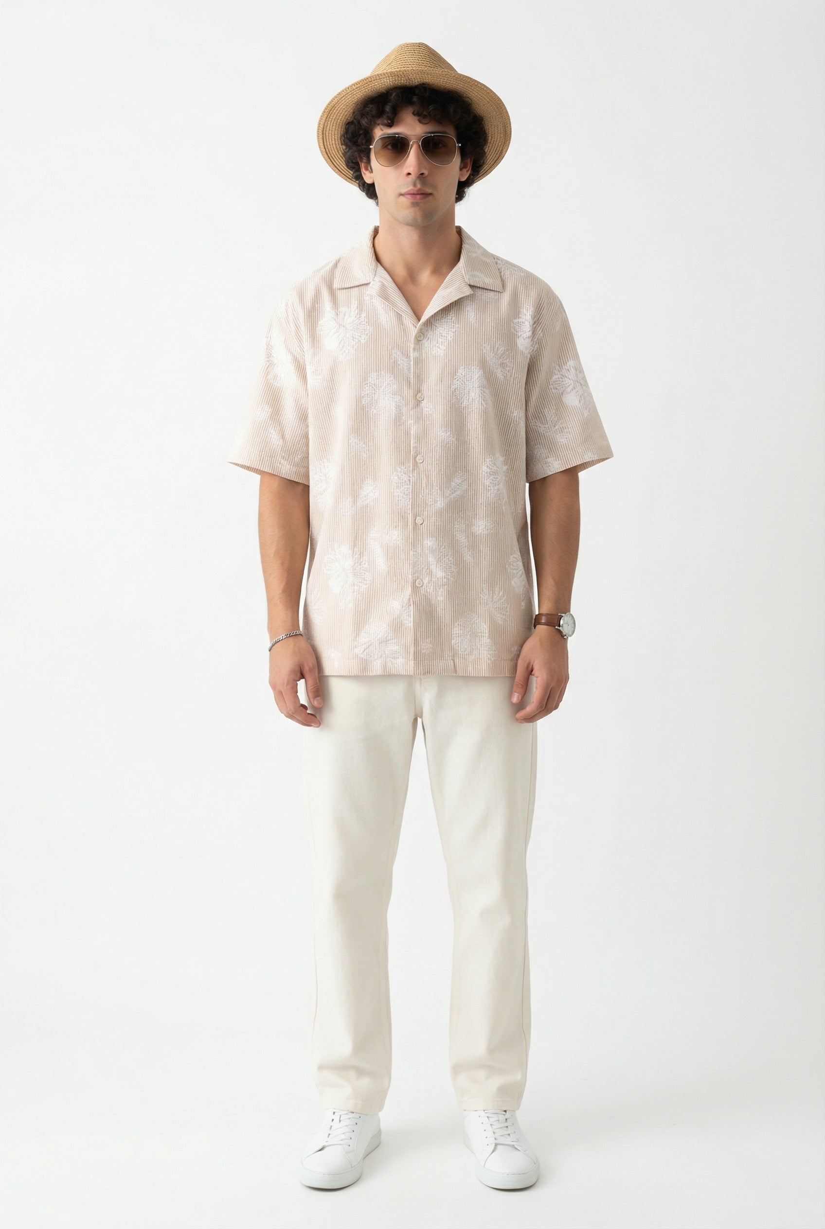 Men's Brown Cuban Collar Floral Print Half Sleeves Pure Cotton Shirt