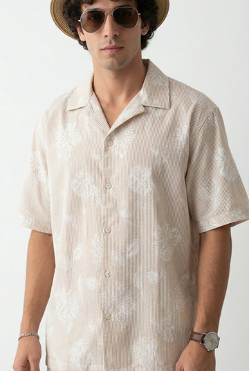 Men's Brown Cuban Collar Floral Print Half Sleeves Pure Cotton Shirt