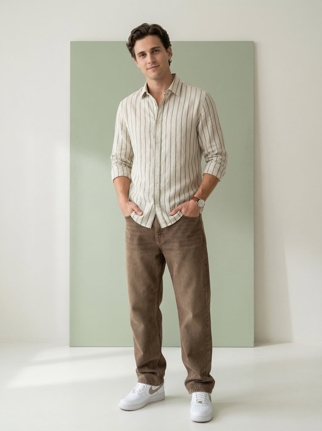 Men's Green Band Collar With Full Sleeves Vertical Stripes Pure Cotton Shirt