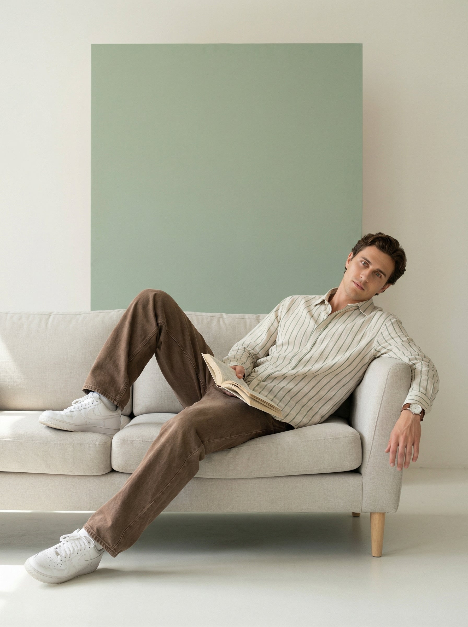 Men's Green Band Collar With Full Sleeves Vertical Stripes Pure Cotton Shirt