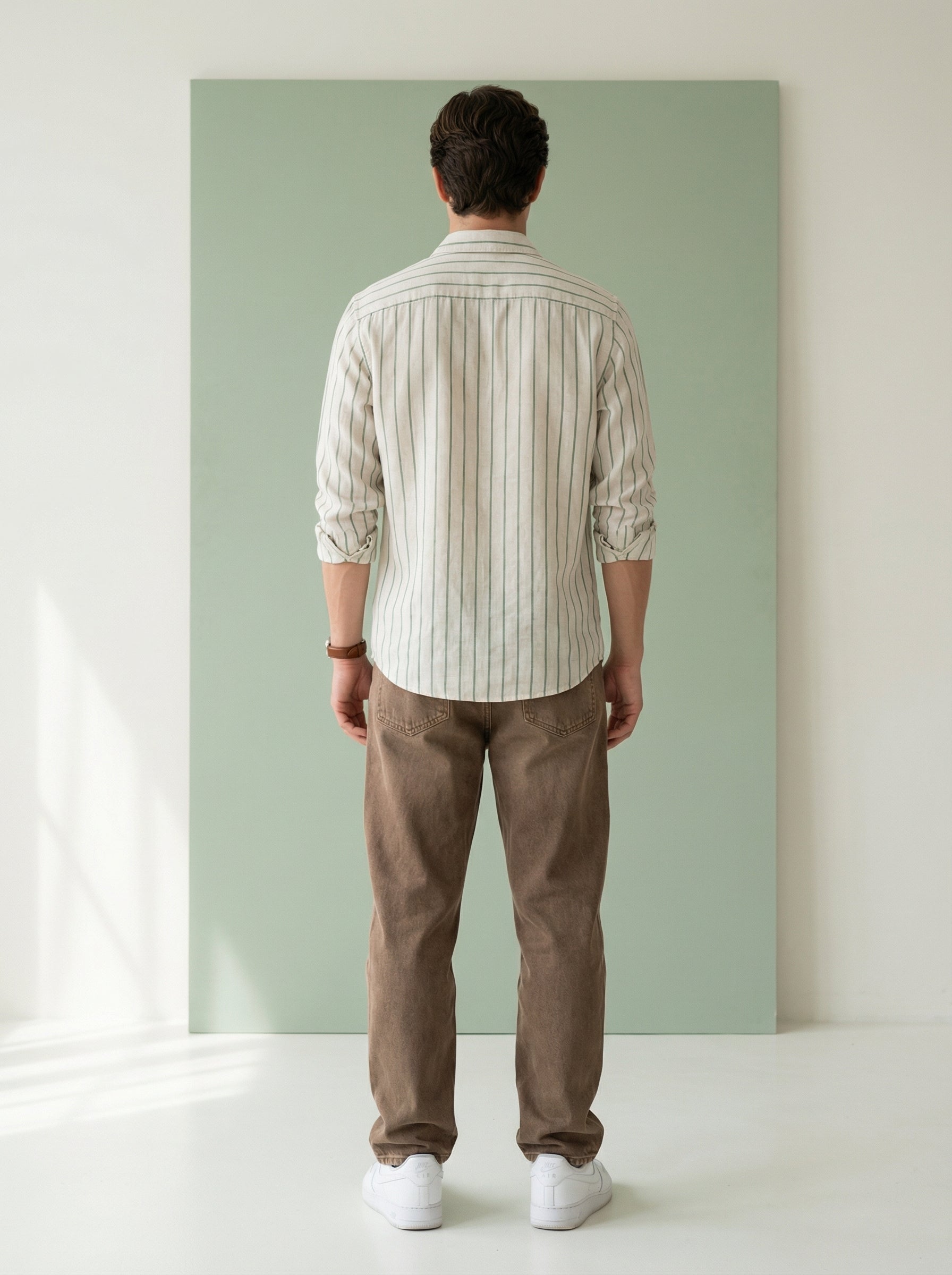 Men's Green Band Collar With Full Sleeves Vertical Stripes Pure Cotton Shirt