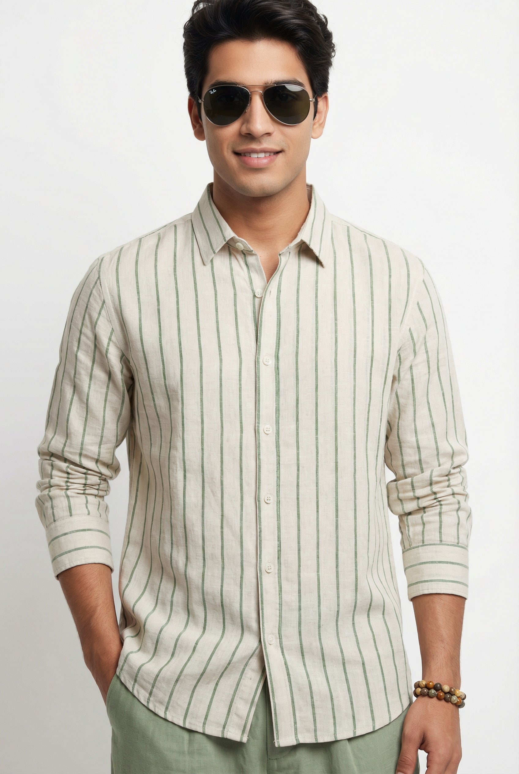 Men's Green Band Collar With Full Sleeves Vertical Stripes Pure Cotton Shirt