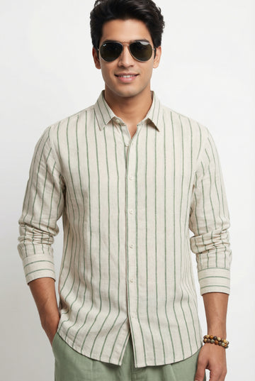 Men's Green Band Collar With Full Sleeves Vertical Stripes Pure Cotton Shirt