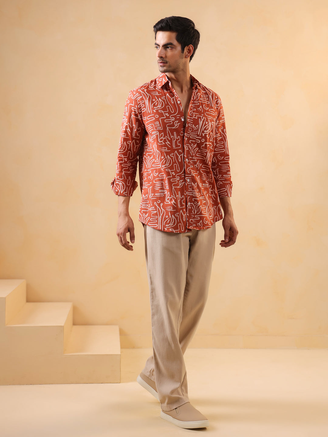 Men's Rust Orange Abstract Print Shirt