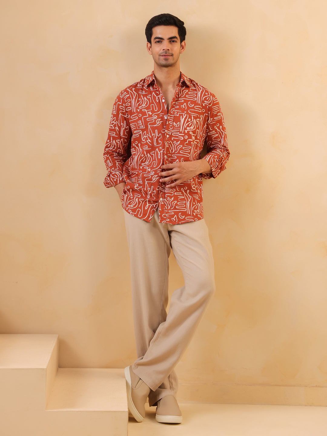 Men's Rust Orange Abstract Print Shirt