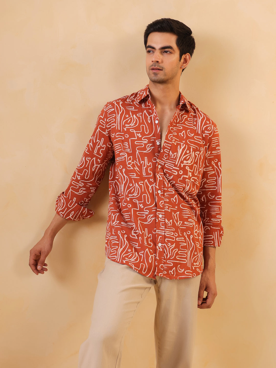 Men's Rust Orange Abstract Print Shirt