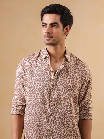 Men Brown Animal Print Band Collar Long Sleeve Relaxed Fit Cotton Shirt