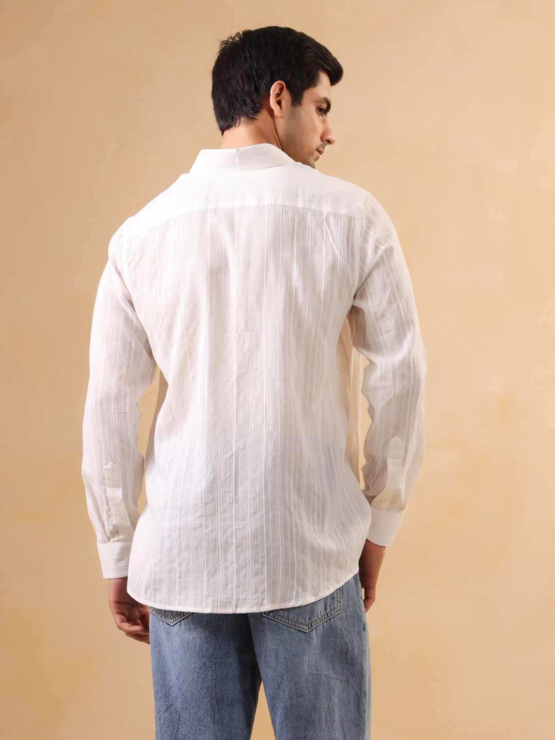 White Self-Striped Casual Cotton Shirt