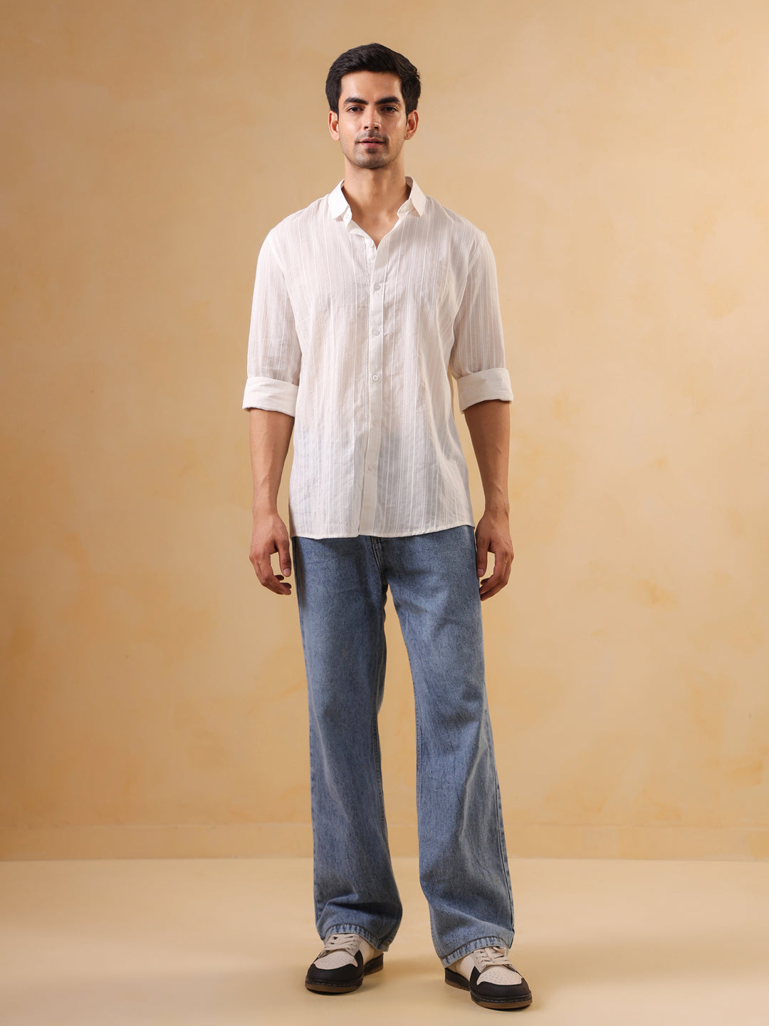 White Self-Striped Casual Cotton Shirt