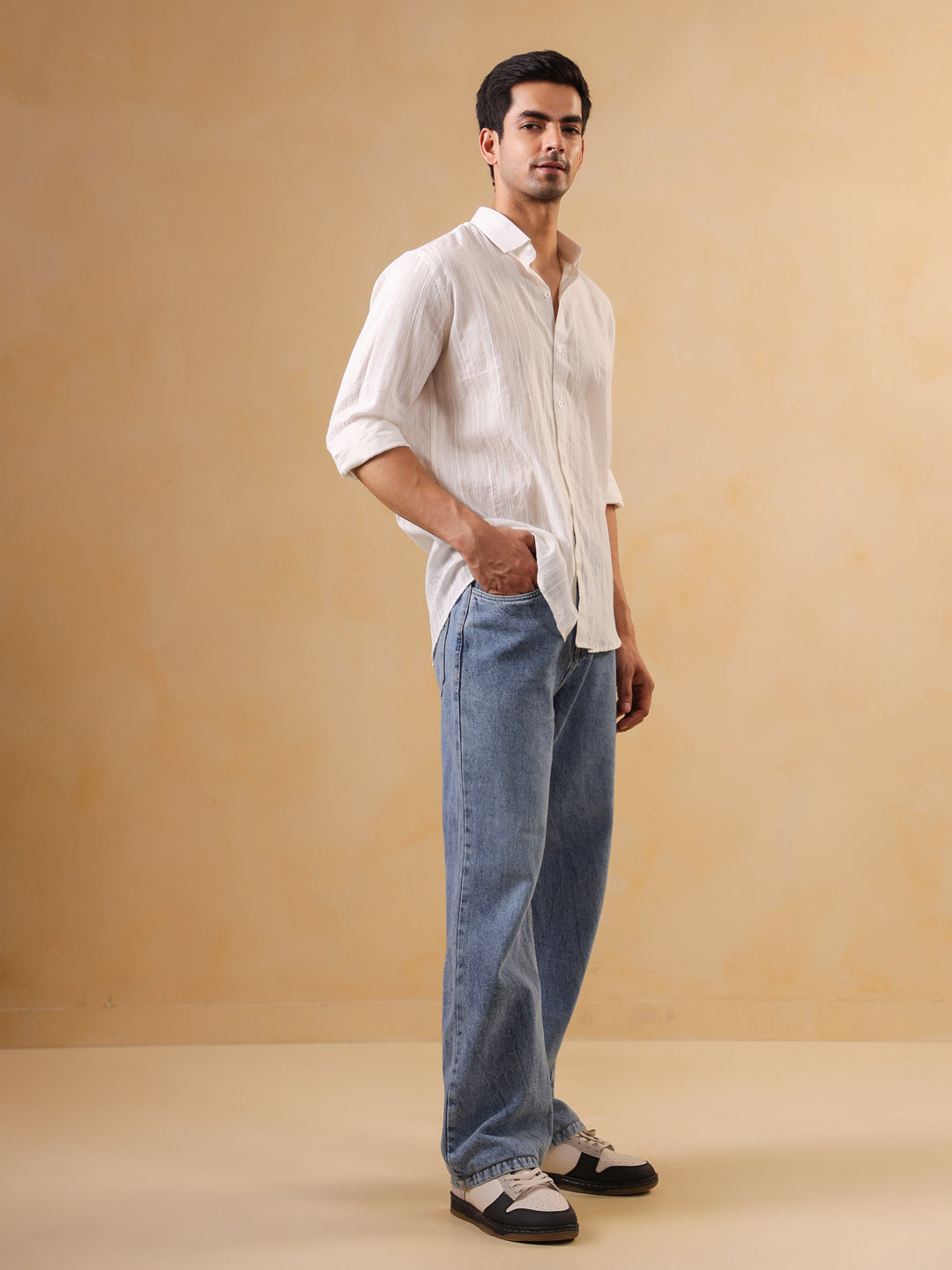 White Self-Striped Casual Cotton Shirt