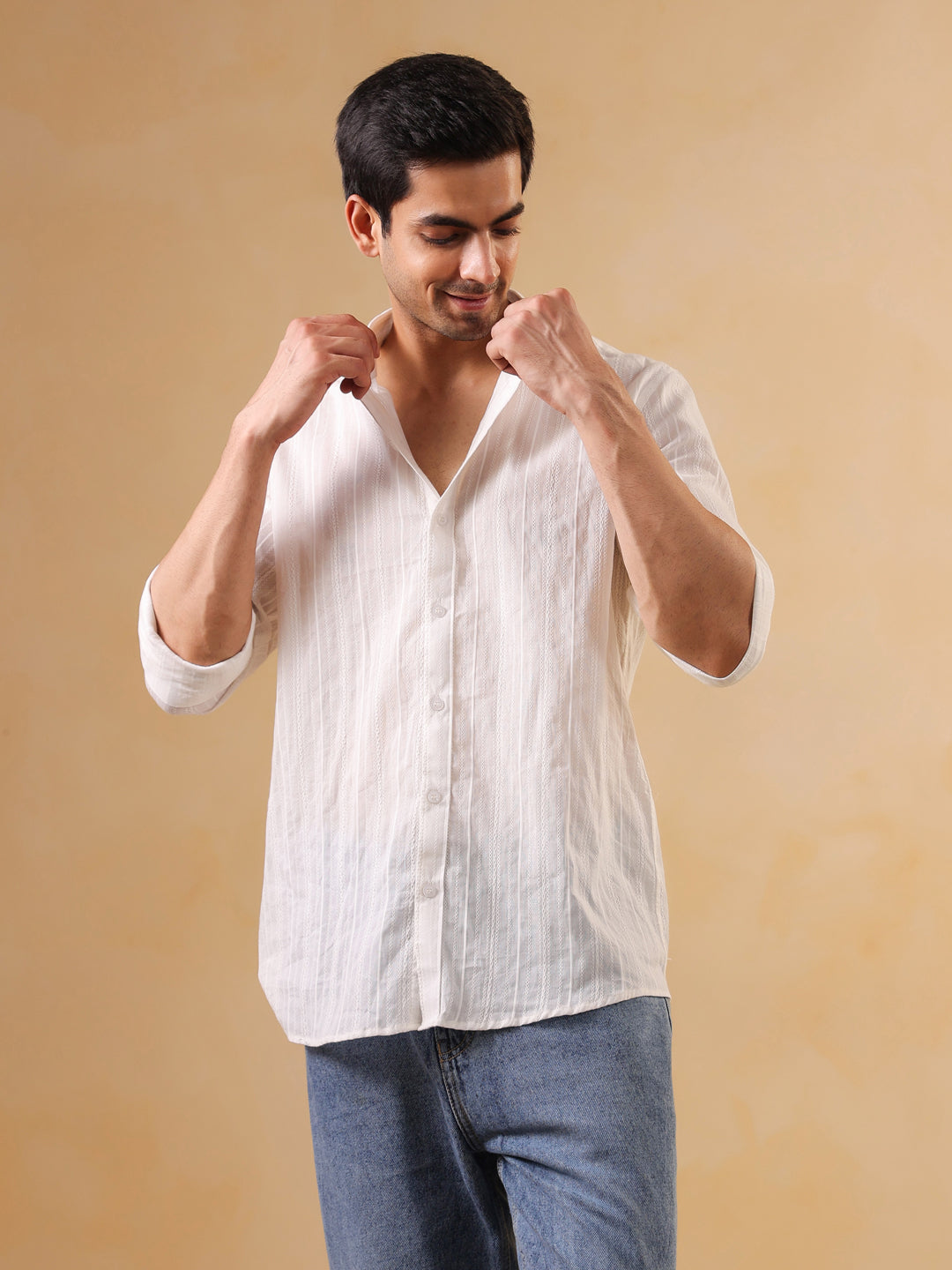 White Self-Striped Casual Cotton Shirt