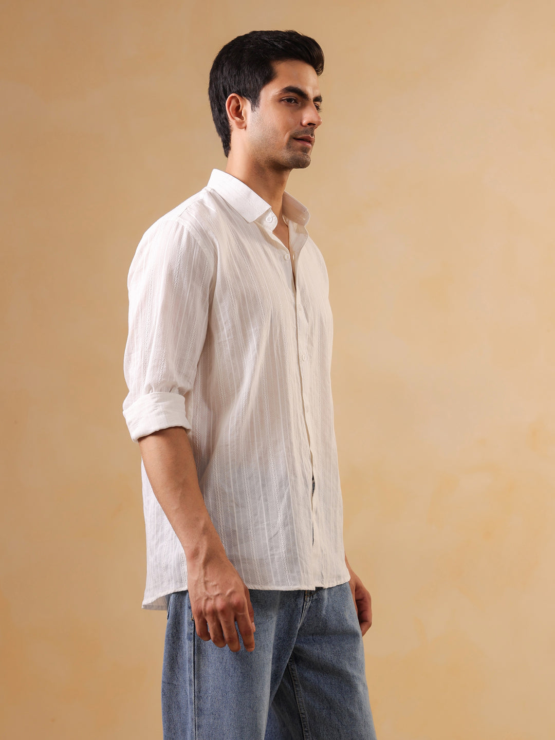 White Self-Striped Casual Cotton Shirt