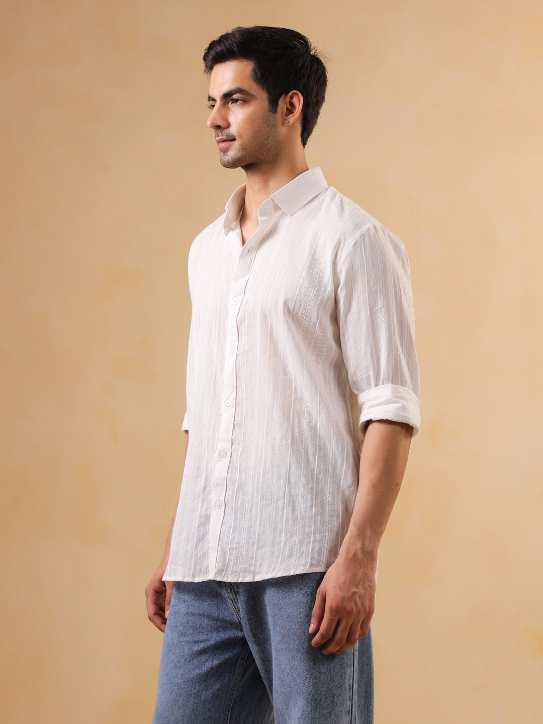 White Self-Striped Casual Cotton Shirt