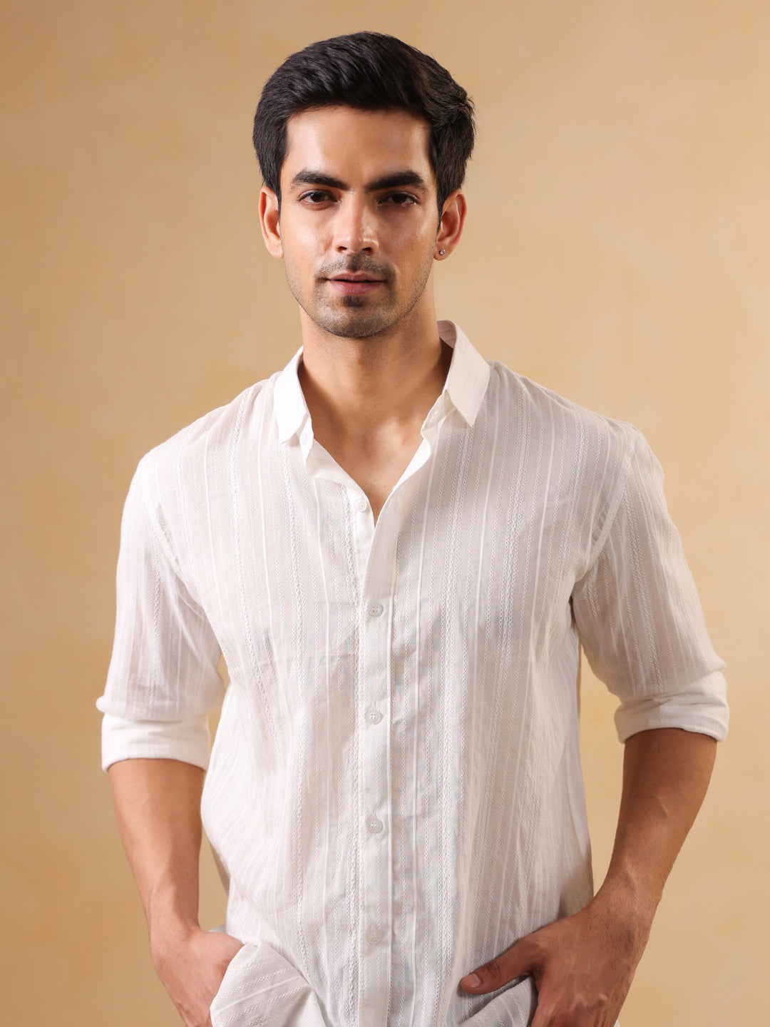 White Self-Striped Casual Cotton Shirt