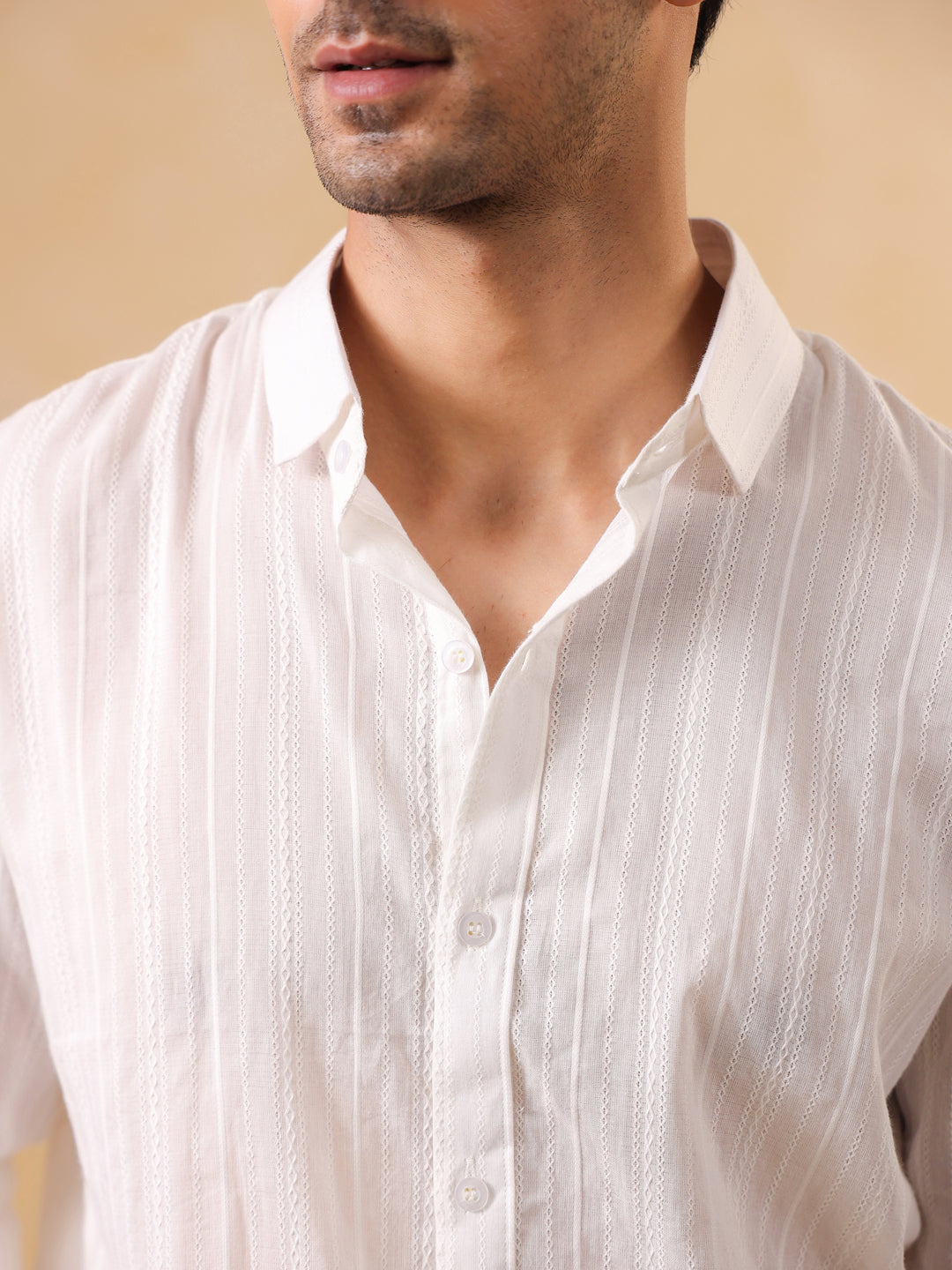 White Self-Striped Casual Cotton Shirt