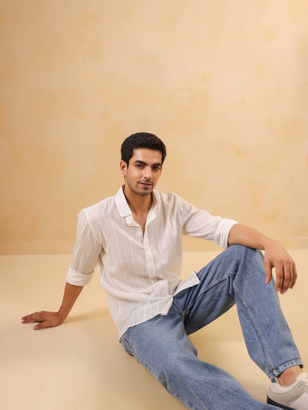 White Self-Striped Casual Cotton Shirt