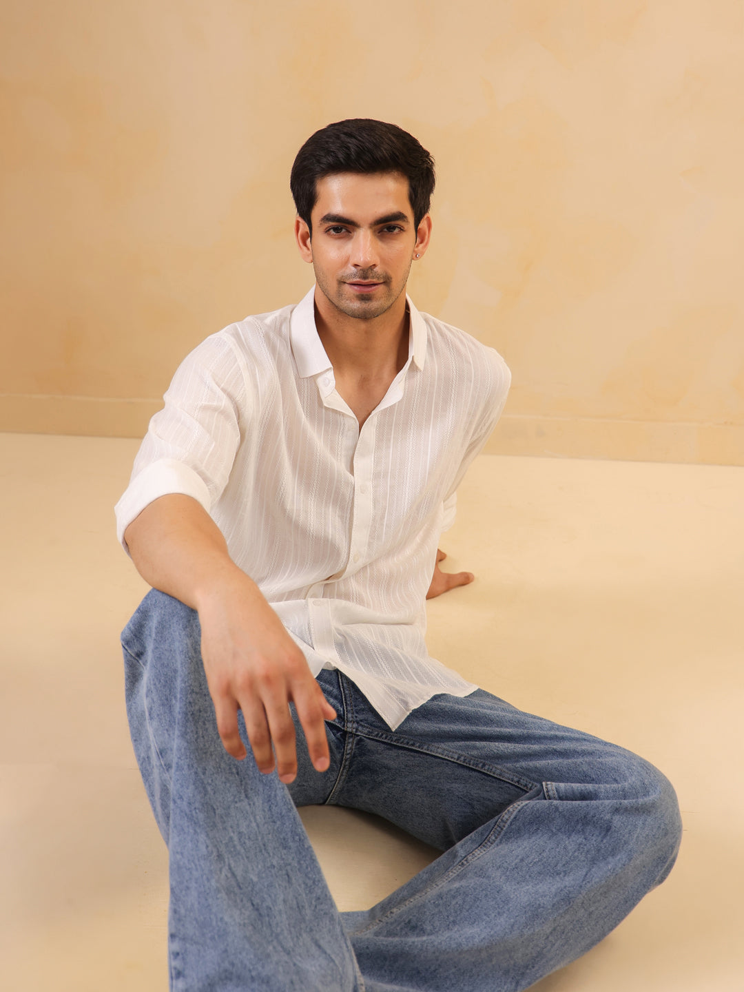 White Self-Striped Casual Cotton Shirt