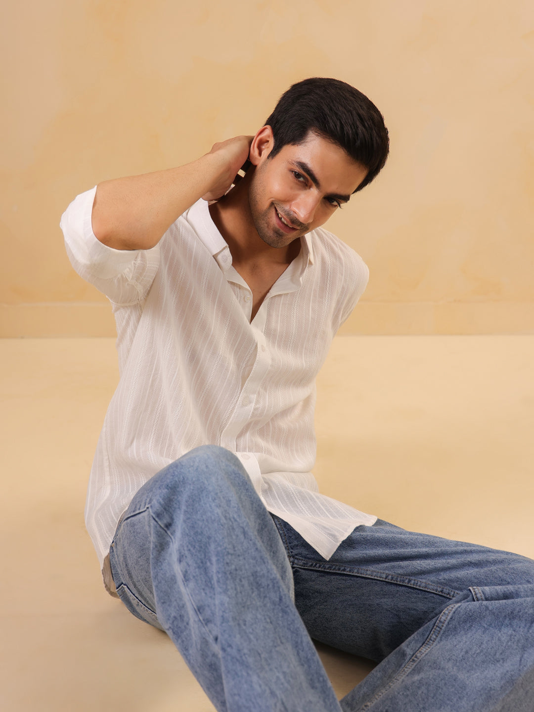 White Self-Striped Casual Cotton Shirt