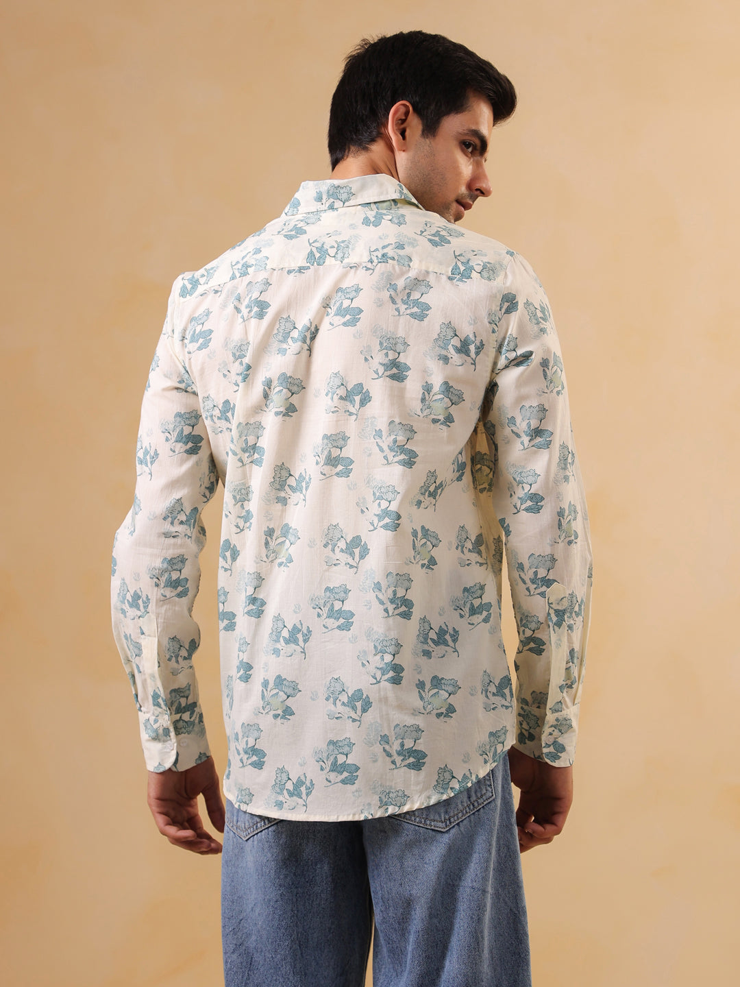 Men's White & Blue Botanical Print Full Sleeve Shirt